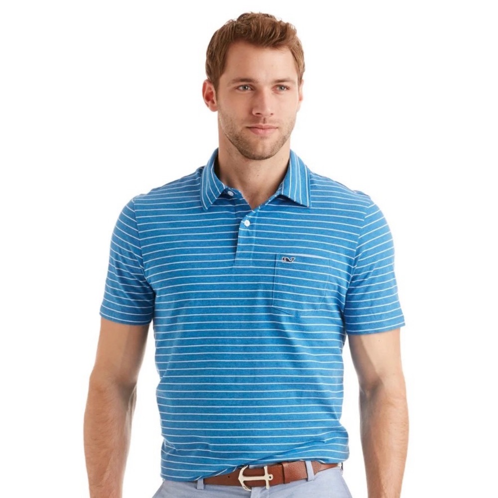 Vineyard Vines Men's Jersey Polo in Blue and White Stripes